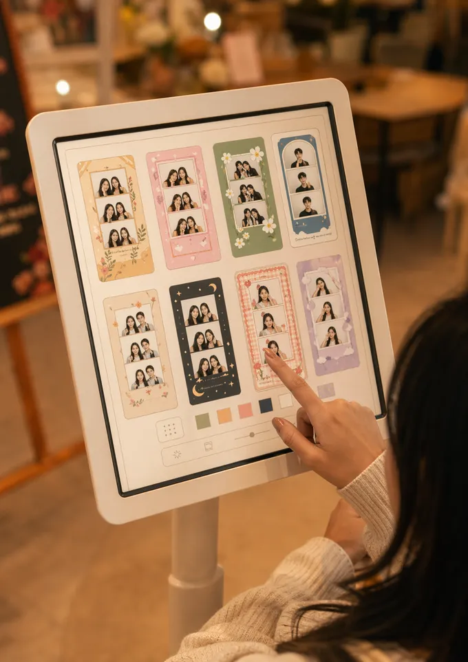 Layar touchscreen Picxelbooth menampilkan grid pilihan template photobooth